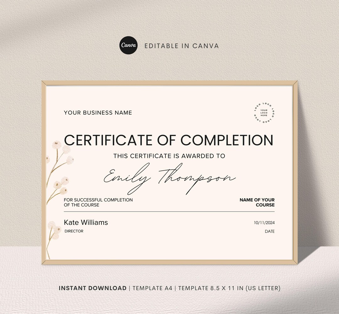 Printable Course Completion Certificate: Editable Canva Template ...
