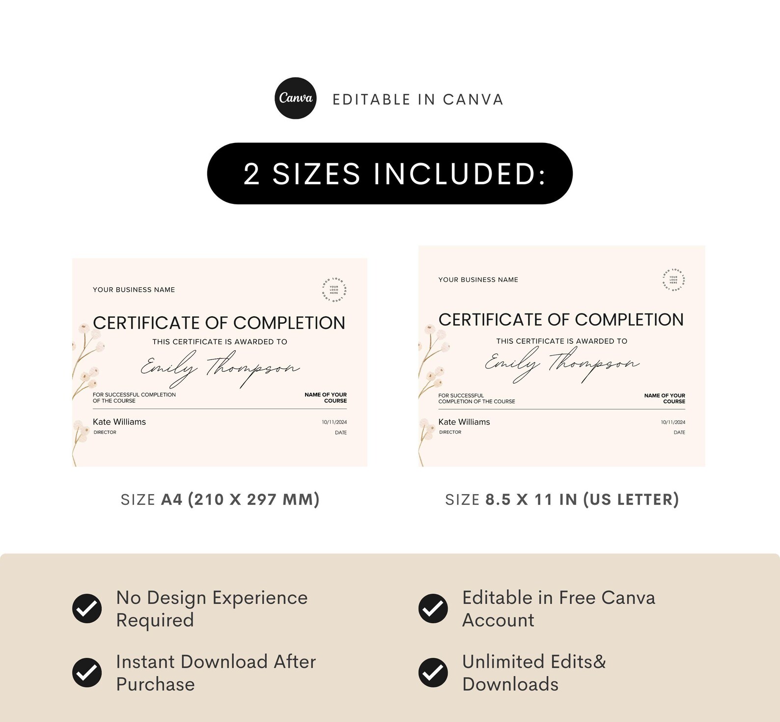 Editable Course Completion Ribbon Printable Course Completion Certificate: Editable Canva Template ...