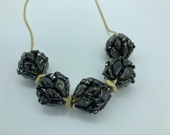 Black and gold Czech glass statement necklace