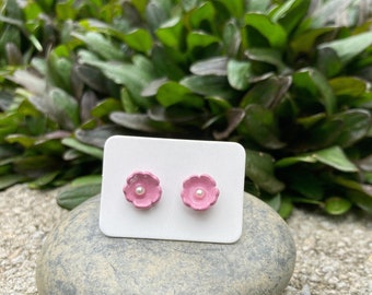 Pink powder coated flower stud earrings with sterling silver posts with pearl center