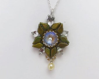 Green and Crystal Floral Pendant with Dangling Pearl