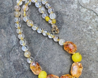 Recycled Glass, Resin, and Quartz Beaded Necklace - Vintage Look - Colorful Statement Necklace