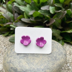Purple powder coated flower stud earrings with sterling silver posts