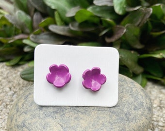 Purple powder coated flower stud earrings with sterling silver posts