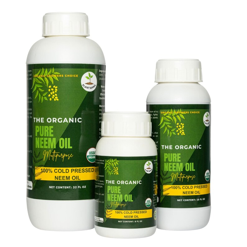 May include: Three white bottles of 100% cold-pressed pure neem oil. The bottles are labeled "The Organic Pure Neem Oil Multipurpose" and have a green background with a picture of neem leaves. The bottles are 32 fl oz, 18 fl oz, and 8 fl oz.
