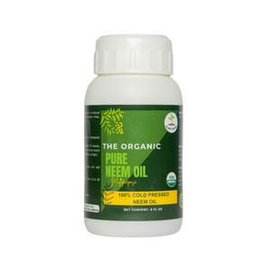 May include: A white bottle with a green label that reads "THE ORGANIC PURE NEEM OIL Multipurpose 100% COLD PRESSED NEEM OIL NET CONTENT: 8 FL OZ" with a USDA Organic seal.