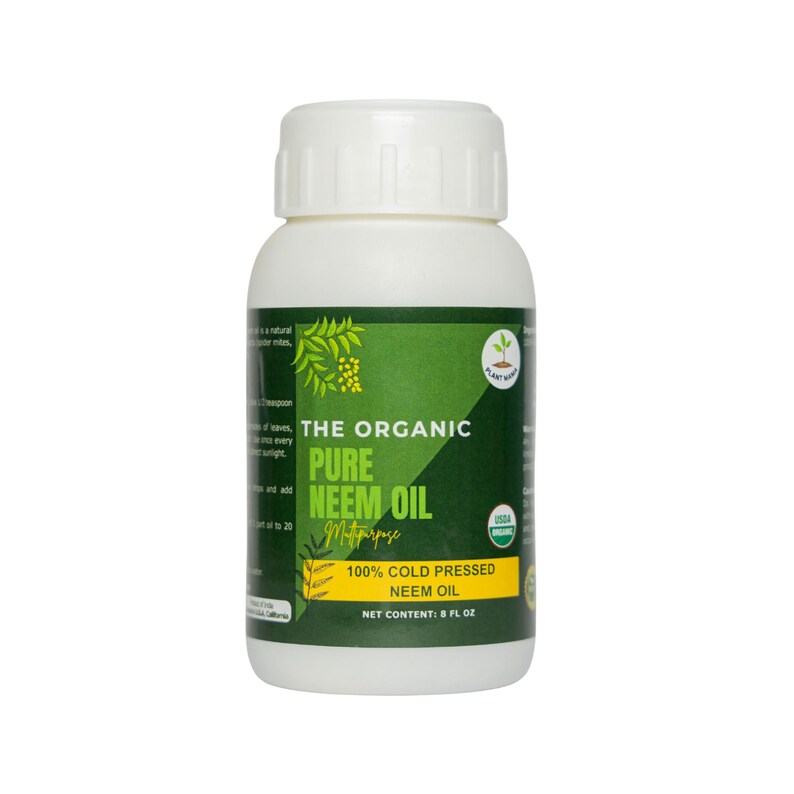 May include: A white bottle with a green label that reads "THE ORGANIC PURE NEEM OIL Multipurpose 100% COLD PRESSED NEEM OIL NET CONTENT: 8 FL OZ" with a USDA Organic seal.