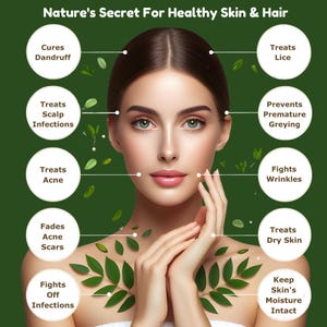 May include: A woman with long brown hair and green eyes is shown with a green background. The image has text around the woman's face that describes the benefits of using a product for healthy skin and hair. The text includes phrases like "Cures Dandruff", "Treats Lice", "Prevents Premature Greying", "Fights Wrinkles", "Treats Dry Skin", and "Keep Skin's Moisture Intact".