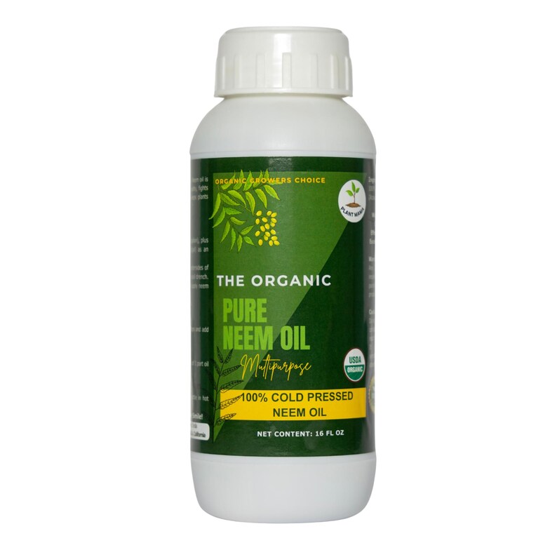 May include: A white plastic bottle with a green label that says "The Organic Pure Neem Oil Multipurpose 100% Cold Pressed Neem Oil Net Content: 16 fl oz" and a USDA Organic seal.