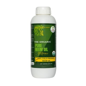 May include: A white plastic bottle of 100% cold-pressed neem oil. The label is green and yellow with the text "The Organic Pure Neem Oil Multipurpose" and "USDA Organic".