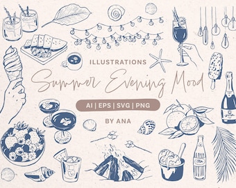 Sommerabend-Clipart-Set mit handgezeichneten Motiven (EPS, SVG, PNG)