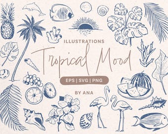 Summer Beach Hand-Drawn Clipart, Tropical Vacation Graphics (EPS, SVG, PNG)