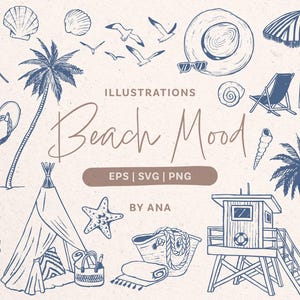 Summer Hand Drawn Clipart. Beach Illustration Set. Coastal Vacation Doodles. Whimsical Vector Graphics. EPS, SVG, PNG Drawings.