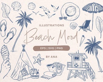 Summer Hand Drawn Clipart. Beach Illustration Set. Coastal Vacation Doodles. Whimsical Vector Graphics. EPS, SVG, PNG Drawings.
