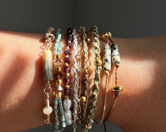 Boho Stacking Bracelets, Handmade Beaded, Braided & Woven Earthy Cord Bracelets with Natural Stones, Pearls, Gold Accents, Layered Jewel