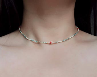 Dainty 2mm Beaded Choker Necklace – Earthy Minimalist Jewelry, Turquoise Boho Layering Necklace, Handmade Gift for Her, Tiny Seed Beads