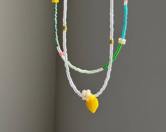 Playful Lemon Beaded Necklace Set, Handmade Layered Glass Bead Necklaces with Daisy Flower& Fruit Charm, Kawaii Colorful Summer Jewelry Gift
