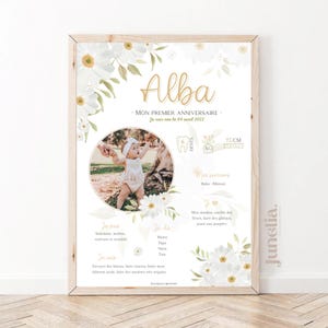 Cartel personalizado de cumpleaños o bautizo - Margaritas - Flores - Primavera - 1 año - PDF impreso o digital