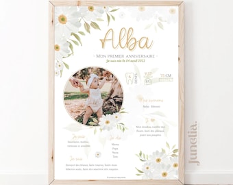 Cartel personalizado de cumpleaños o bautizo - Margaritas - Flores - Primavera - 1 año - PDF impreso o digital
