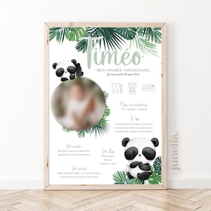 Personalized birthday or baptism poster - Panda - 1 year - Green - Jungle - Printed or Digital PDF