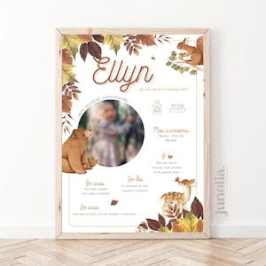 Poster personalizzato per compleanno o battesimo - Autunno - Foresta - Orso - Cerbiatta - 1 anno - PDF stampato o digitale