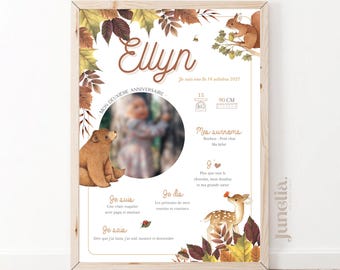 Personalized birthday or baptism poster - Autumn - Forest - Bear - Doe - 1 year - Printed or Digital PDF