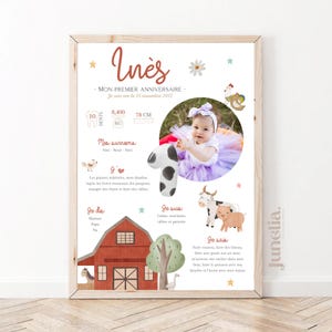 Personalized birthday or baptism poster - Farm - Farm animals - Cow animals - Pig - 1 year - Printed or Digital PDF