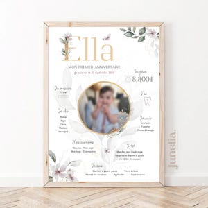 Personalized birthday or baptism poster - Floral - Flower - Gold - 1 year - Printed or Digital PDF