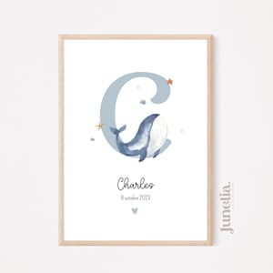 Affiche lettres baleine - Affiche Bébé lettre alphabet baleine - Affiche prénom et initiale baleine