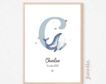 Whale letter poster - Baby whale alphabet letter poster - Whale first name and initial poster