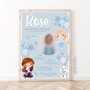 Cartel personalizado de cumpleaños o bautizo - Reina de las Nieves - Elsa - Anna - Olaf - 1 año - PDF impreso o digital
