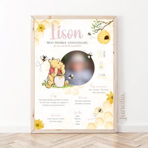Personalisiertes Geburtstags- oder Taufposter - Biene - Winnie - Pooh - Gelb - Natur - Gedruckt oder digitales PDF