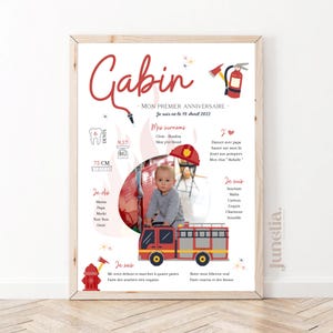 Personalized birthday or baptism poster - Firefighter - Fire - 1 year - Printed or Digital PDF