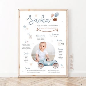 Personalized birthday or baptism poster - Car - Blue - 1 year - Printed or Digital PDF