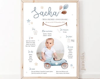 Personalized birthday or christening poster - Car - Blue - 1 year - Printed or Digital PDF
