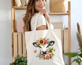 Floral Cow Tote Bag, Farm Girl Bag, Cow Lover Gift, Farm Animal Tote, Heifer Tote Bag, Funny Cow Bag, Cute Highland Cow Tote, Cow Lover Bag