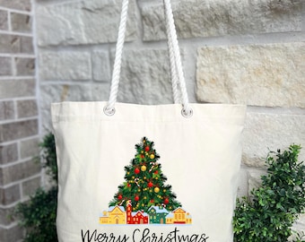 Merry Christmas Tote Bag, Christmas Tree Tote Bag, Santa Claus Tote Bag, Xmas Friends Tote Bag Gift, Holiday Gift for Family,Merry Xmas Bag