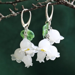 Forest fairy lily of the valley glass Lampwork Dangle Earrings – Handmade with 925 Silver (MTO) Murano glass