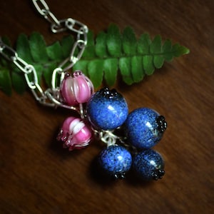 Blueberry glass lampwork pendant, 925 silver and glass Murano glass