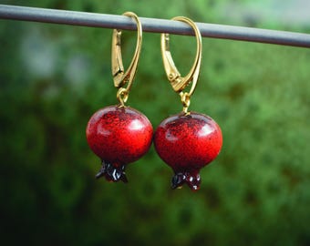 Pomegranate glass lampwork earrings on gold plated 925 silver findings MTO Murano glass