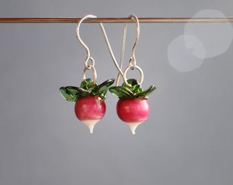 Radish glass lampwork earrings /radish earrings / vegetable/ vegan / Luna MTO dirigible plum Murano glass