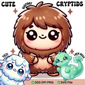 Kawaii Monster Bigfoot and Yeti and Lock Ness Monster Cute Clipart PNG and SVG