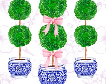 Aquarell Chinoiserie Topiary Clipart mit blau-weißem Blumentopf (PNG, SVG)