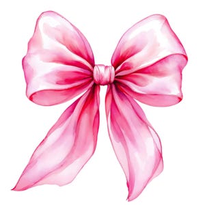 Puede incluir: Ilustración en acuarela de un lazo rosa. El lazo presenta un diseño de doble lazo con largas colas fluidas. El color transita de un rosa intenso en el centro a un rosa más claro y translúcido en los bordes, creando una apariencia suave y delicada.