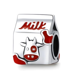 Milk Carton Charm, Cow Charms, Drink Charm, Animal Charm, Funny Charm, 925 Silver, Handmade Jewelry, Charm for Girls, Fits Pandora Bracelet