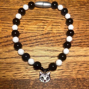 Black and White Cat Collar with Break Away Clasp-Black Onyx Gemstone, Choice of Cat Pendant, Custom Made Size, Free Shipping!