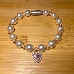 Pearl Pet Collar with Rhinestone Heart Charm and Break Away Clasp-Necklace for Cat, Kitten or Small Dog, Custom Made, Free Shipping!