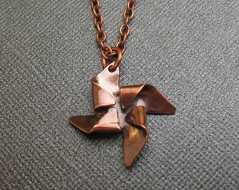 Copper Pinwheel Necklace in Aged and Polished Patina Finish - Glossy Shiny Mirror Finish - Fun Rustic Necklace