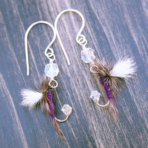 Fly Fishing Lure Earrings -  Purple and Clear - Sterling Silver Fishing Hook Earrings Fly Earrings for Women