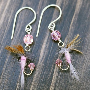 Fly Fishing Lure Earrings - Pink - Sterling Silver Jewelry - Fish Hook Fun Fly Female Fishing Ladies Angler Country Girl